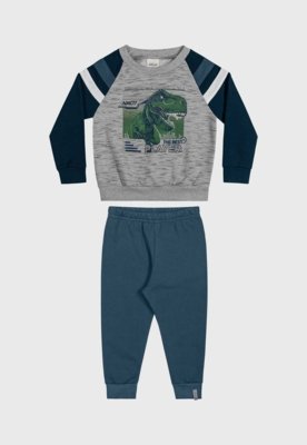 Conjunto P S Manga Longa Infantil Elian Dinossauro Cinza Verde