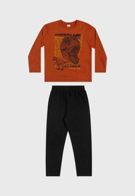 Conjunto P S Manga Longa Infantil Elian Dinossauro Laranja Preto