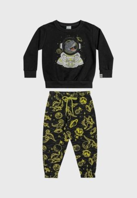 Conjunto 2pçs Manga Longa Infantil Elian Dinossauro Preto Compre