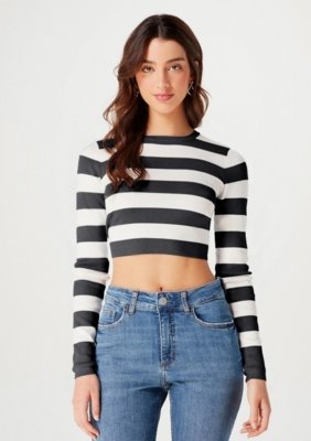 Blusa Feminina Cropped Manga Longa Listrada Em Tricô Compre Agora