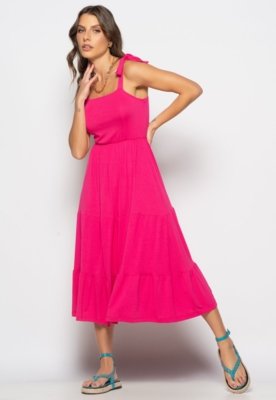 Vestido Midi Babado Alça Amarração Malha Salvatore Pink Compre