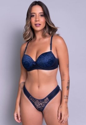 Conjunto Lingerie Vekyo Renda Calcinha E Sutiã Marinho Compre