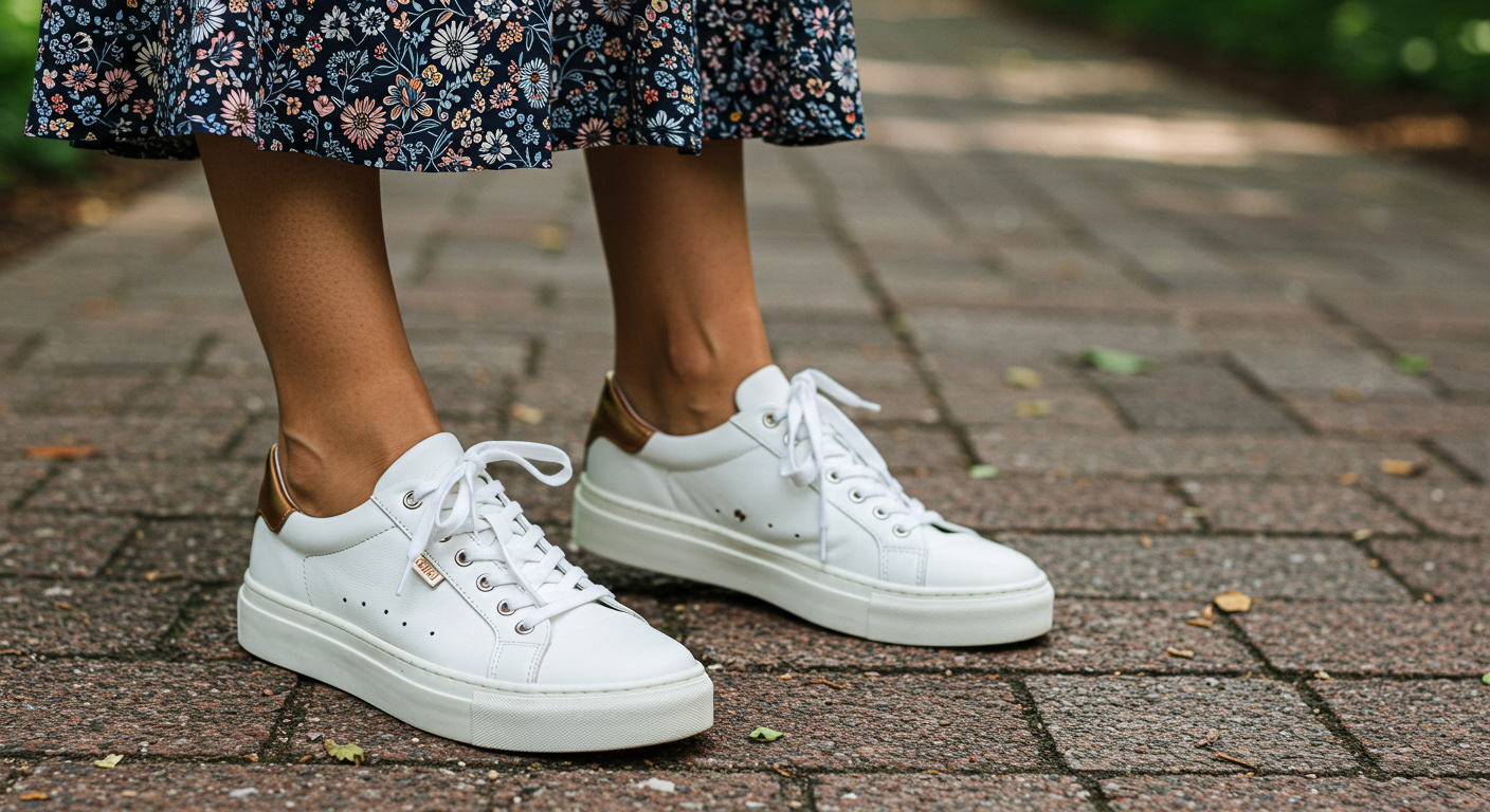 Mulher usando tênis casual branco com detalhes dourados e saia midi florida, caminhando em um caminho de pedras ao ar livre.