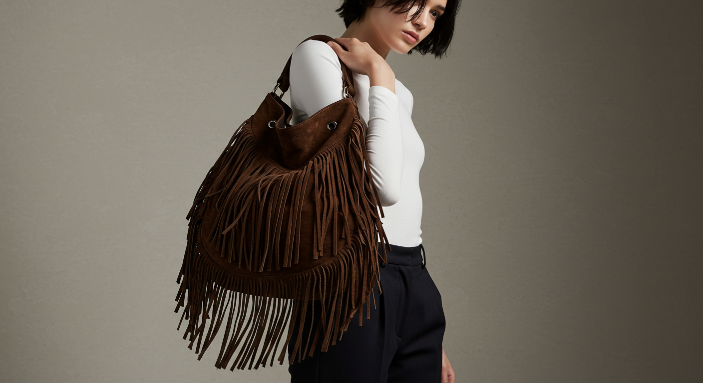 Mulher de perfil vestindo blusa branca e calça preta, carregando bolsa grande de camurça marrom escura com franjas e ilhós metálicos, em estilo boho sofisticado.