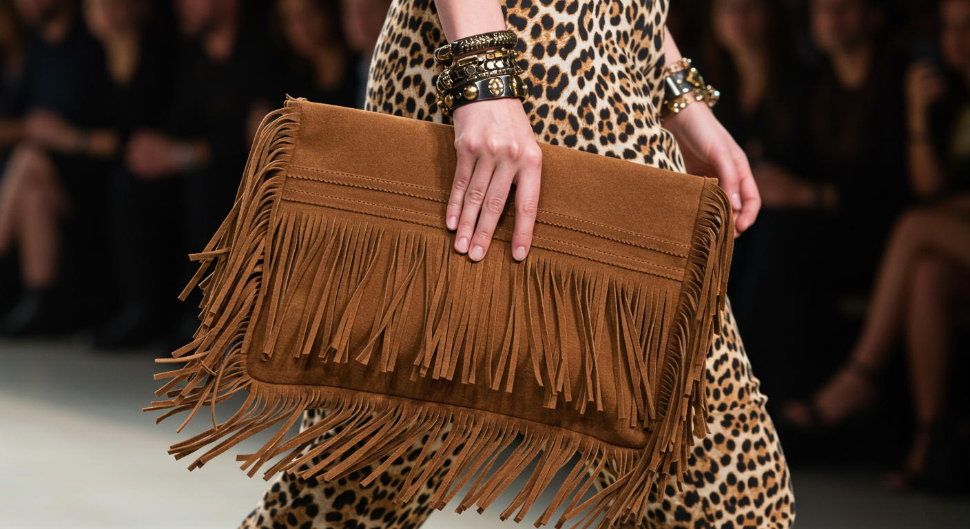 Modelo segurando uma bolsa retangular de camurça marrom com franjas longas nas bordas e no centro, desfilando em uma passarela de moda. A modelo usa vestido de estampa animal print e várias pulseiras douradas no pulso.