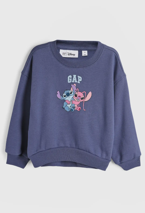 Blusa de moletom GAP azul com personagem Stitch estampado e logo da marca.