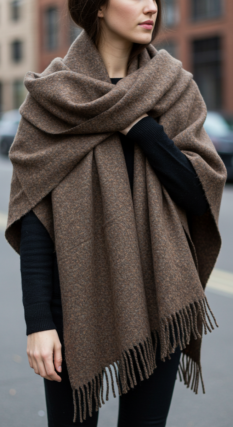 Pessoa usando blusa e calça preta e cachecol oversized marrom com franjas e vestindo-o com estilo poncho.