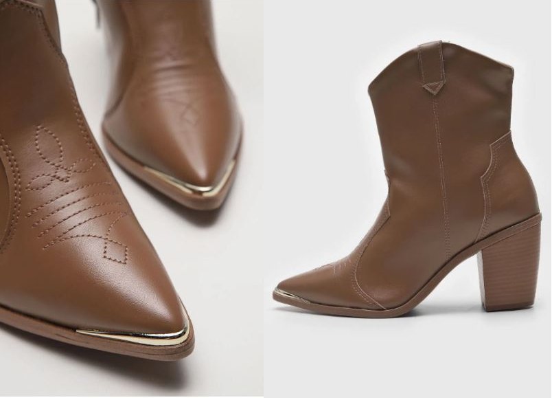 Bota Vizzano Bordado Bege em destaque, mostrando detalhes do bordado no couro, bico fino com acabamento metálico e salto bloco médio.