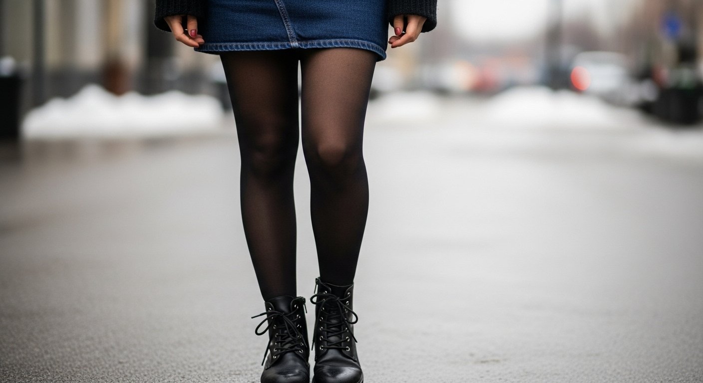 Mulher vestindo saia jeans escura, meia-calça preta, coturno e blusa de tricot, em um contexto urbano e frio.