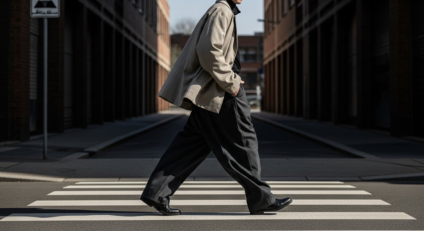 Homem atravessando uma faixa de pedestres em uma rua urbana, vestindo calça baggy, sapatos pretos e blazer bege, com prédios ao fundo.