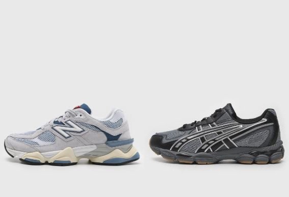 Dois tênis lado a lado em fundo claro. À esquerda, o New Balance 9060 em tons de cinza e azul; à direita, o Asics Gel NYC em preto e cinza.