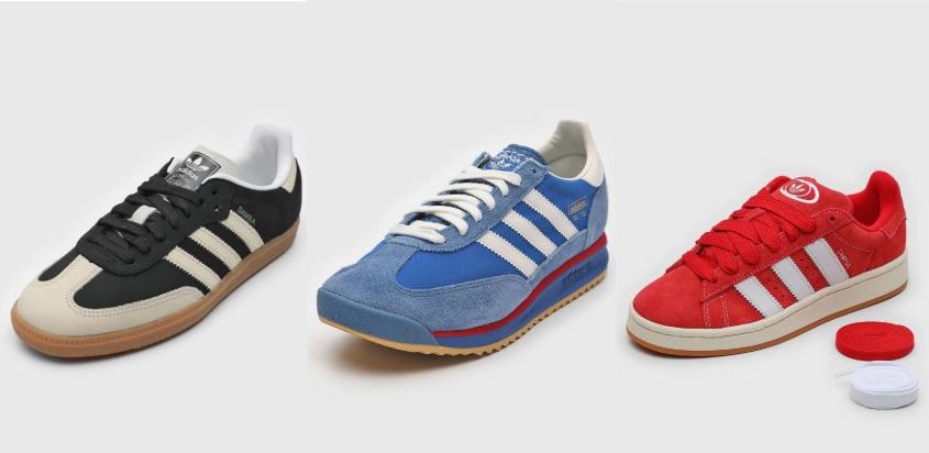 Três tênis Adidas lado a lado em fundo claro. À esquerda, o Adidas Samba OG W na cor preta com detalhes bege; ao centro, o Adidas SL 72 RS na cor azul com detalhes brancos e vermelhos; à direita, o Adidas Campus 00S na cor vermelha com listras brancas e cadarços extras ao lado.