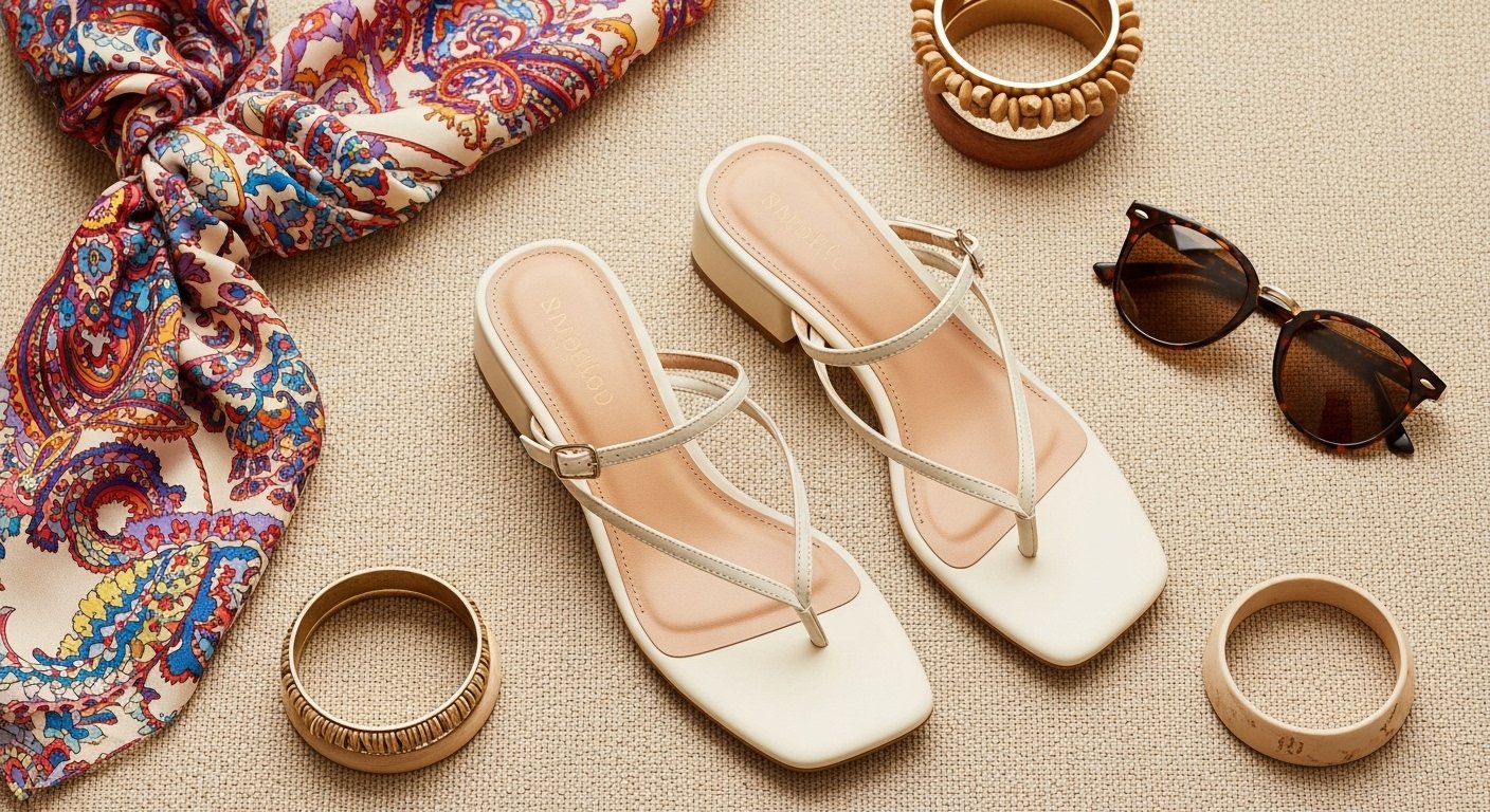 Sandália de tiras finas bege com salto baixo ao lado de lenço estampado colorido, pulseiras de diferentes estilos e óculos de sol de armação tartaruga, dispostos sobre uma superfície bege.
