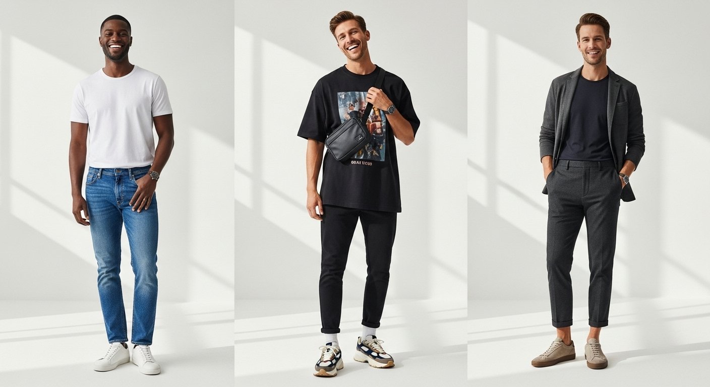 Três homens com looks masculinos diferentes lado a lado: à esquerda, camiseta branca com jeans azul e tênis branco; ao centro, camiseta preta oversized com estampa, calça preta, pochete transversal e tênis chunky; à direita, conjunto smart casual com blazer e calça cinza, camiseta escura e tênis bege.