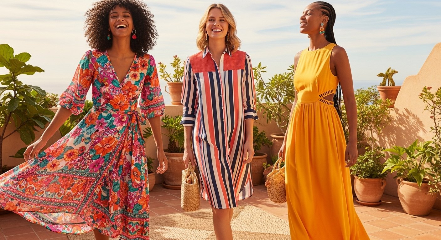 Três mulheres sorrindo em um terraço ensolarado, vestindo vestidos coloridos — floral, listrado e amarelo — e carregando bolsas de palha, em clima leve e veranil.