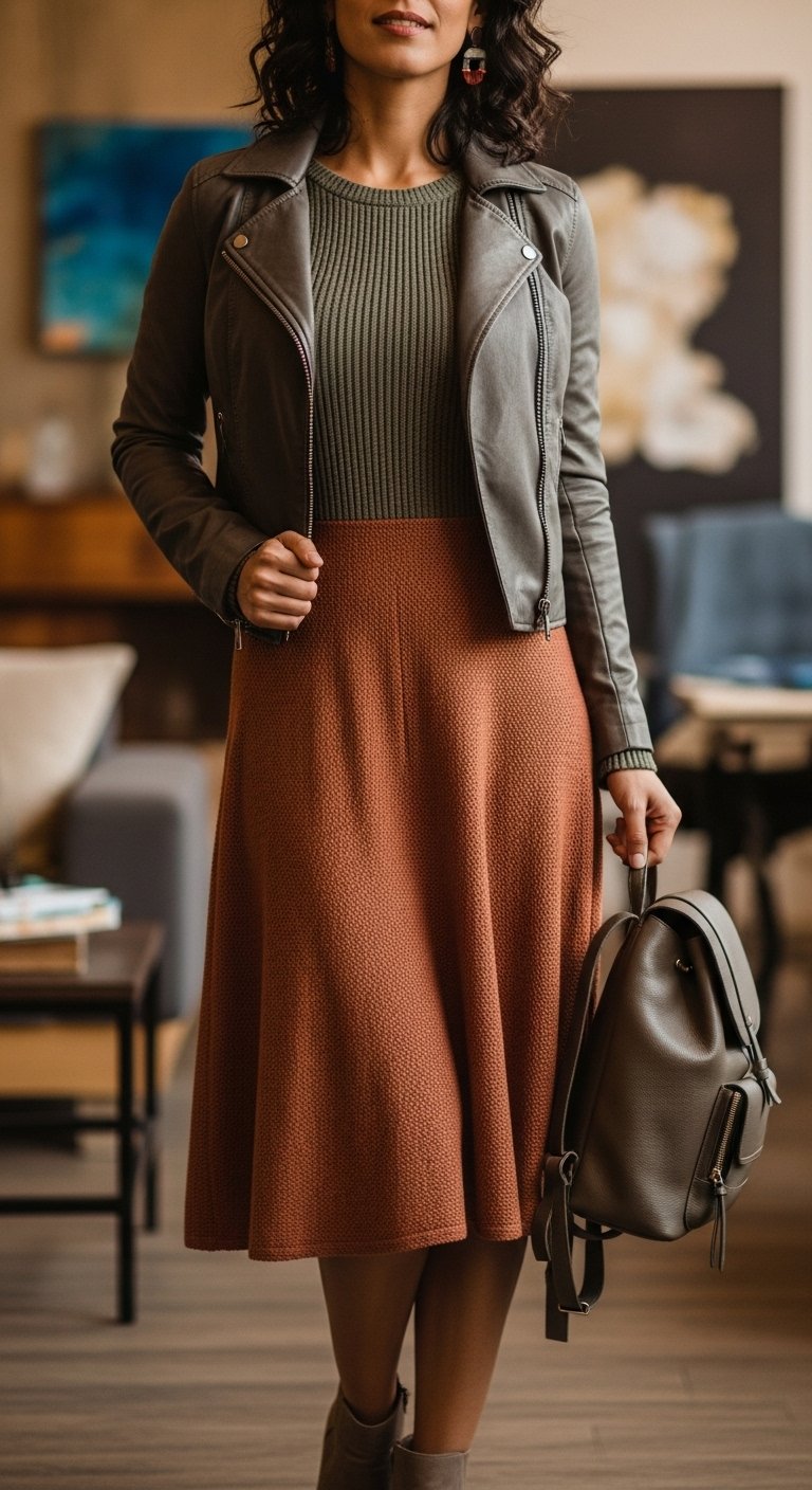 Mulher com look confortável para o trabalho, vestido de tricot, jaqueta de couro, botas e mochila em tons terrosos.
