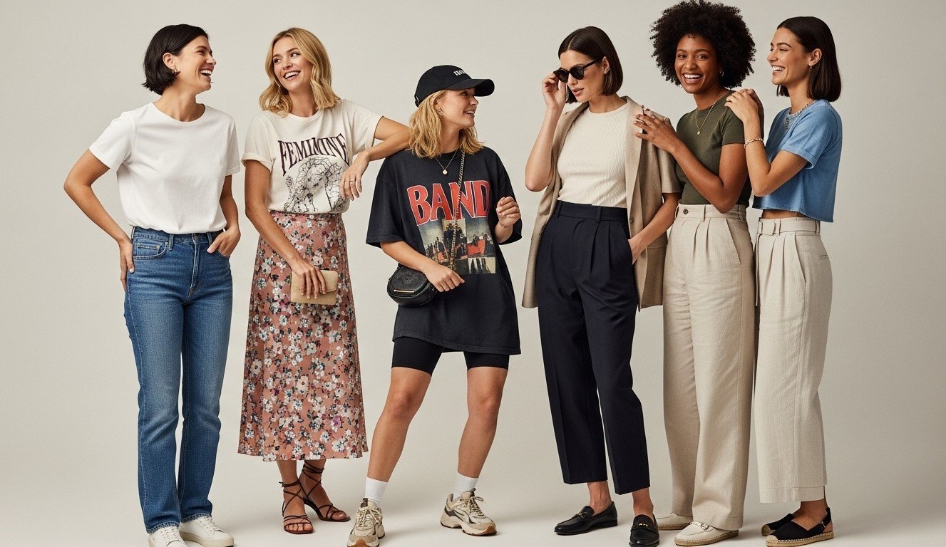 Seis mulheres sorrindo e conversando em estúdio, cada uma com um estilo diferente: da esquerda para a direita — camiseta branca com jeans; camiseta estampada com saia floral e sandálias; camiseta oversized preta com shorts ciclista, boné e tênis chunky; blazer bege com top claro, calça preta e mocassim; camiseta verde com calça ampla bege; camiseta cropped azul com calça clara e alpargatas.