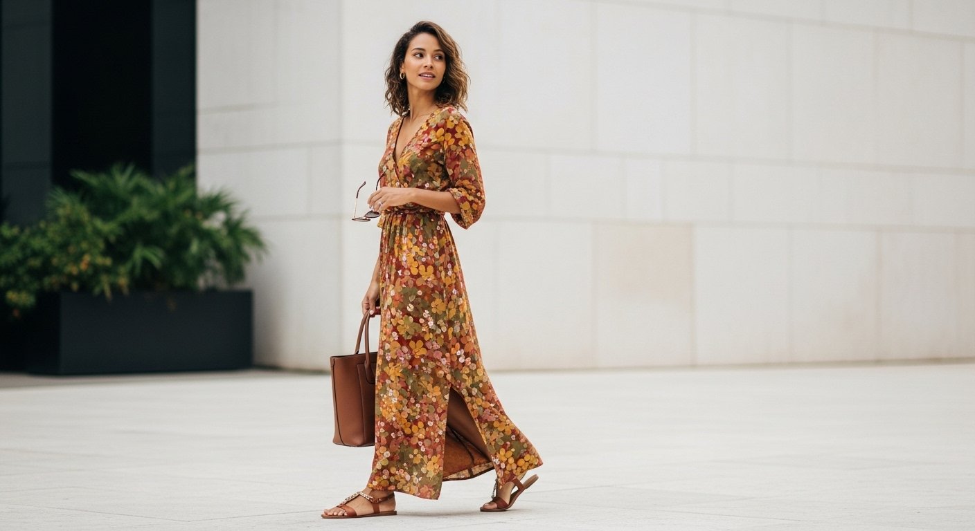 Mulher com vestido longo marrom floral, com mangas, decote transpassado e fenda lateral, com rasteira, bolsa e óculos de sol.