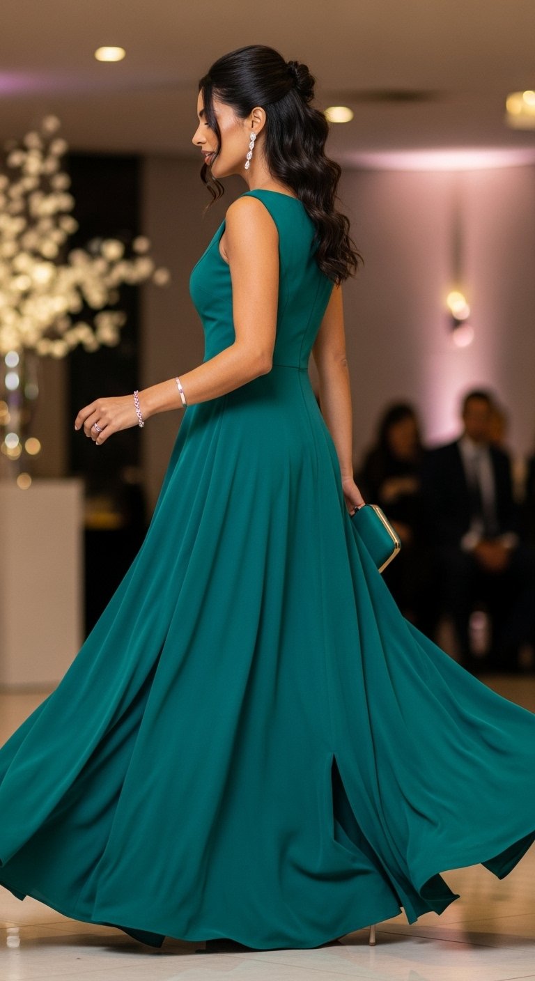 Mulher com vestido longo de festa verde, a saia é volumosa com recortes e pregas, ele não tem mangas e os acessórios combinam