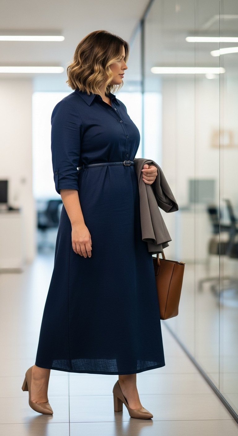 Mulher com vestido longo chemise azul-marinho no ambiente de trabalho, ele tem mangas, botões, gola ponta e cinto.