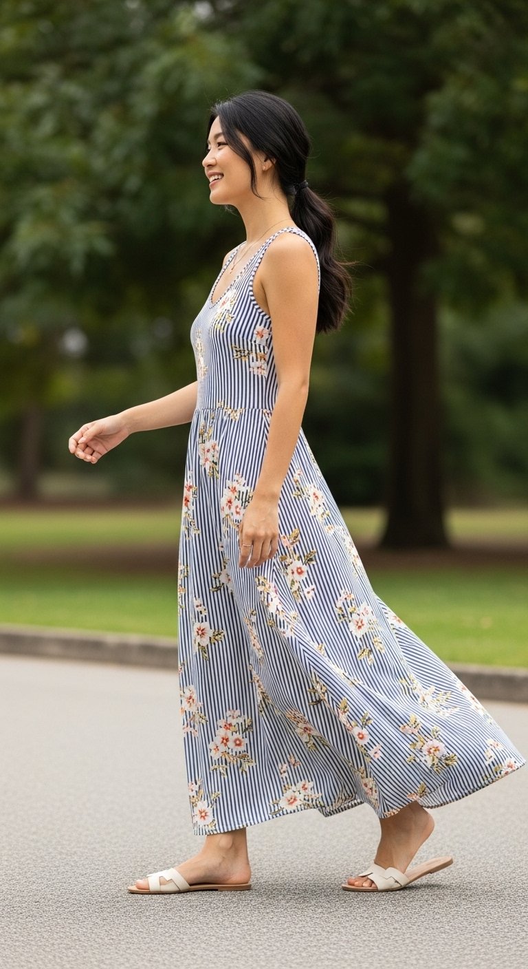Mulher com vestido longo listrado com flores, ele é solto e confortável, ela usa-o com rasteirinha enquanto passeia no parque