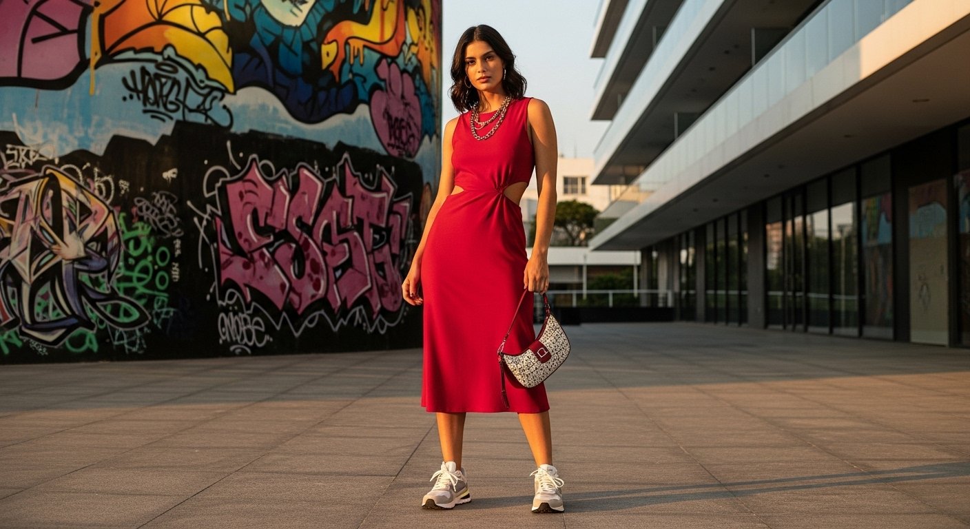 Mulher com vestido midi vermelho, look fashion casual, usando tênis brancos e carregando bolsa decorada.