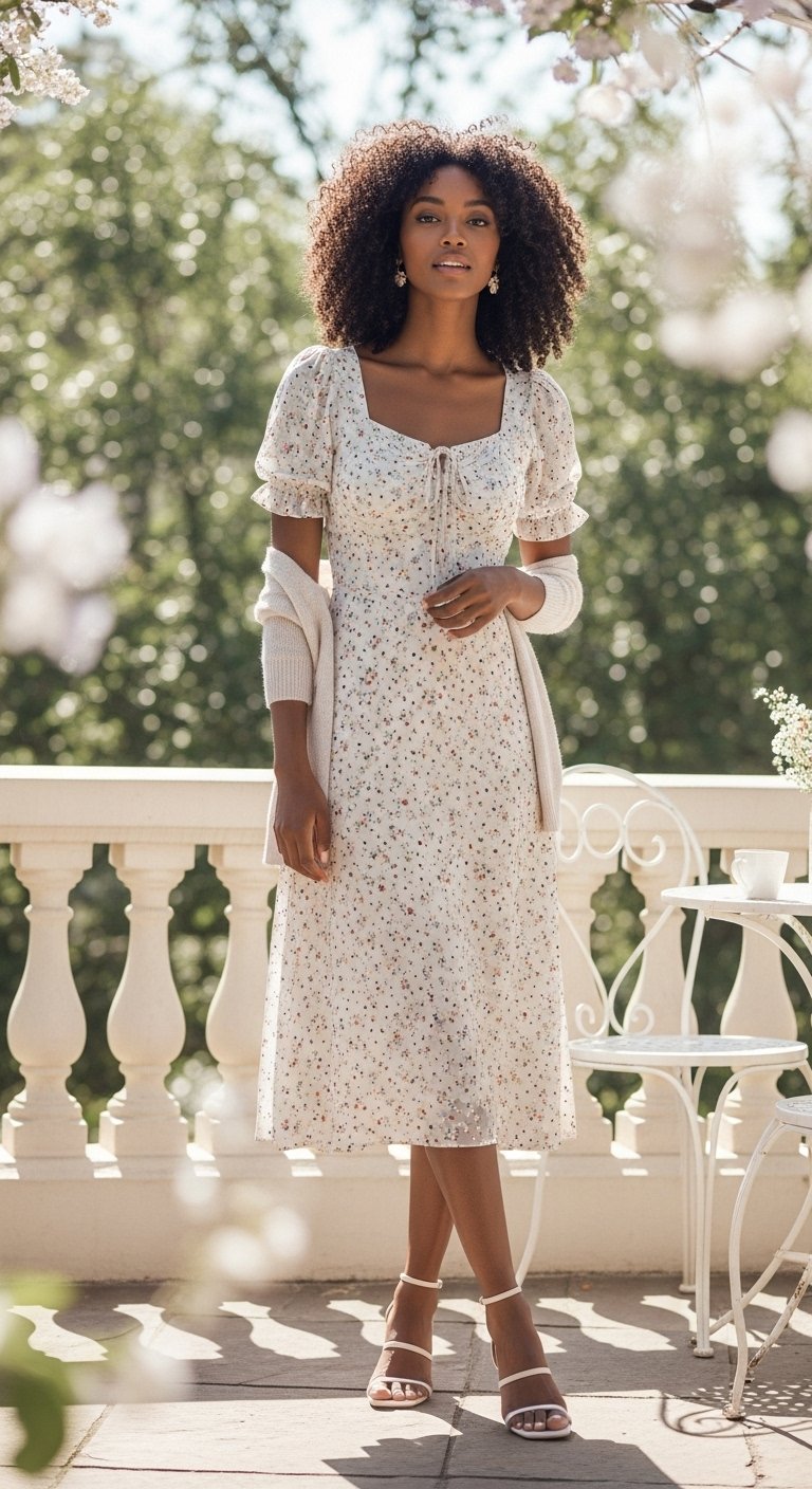 Vestido midi floral com mangas bufantes usado por mulher com cabelos cacheados, look romântico e leve, com cardigan.