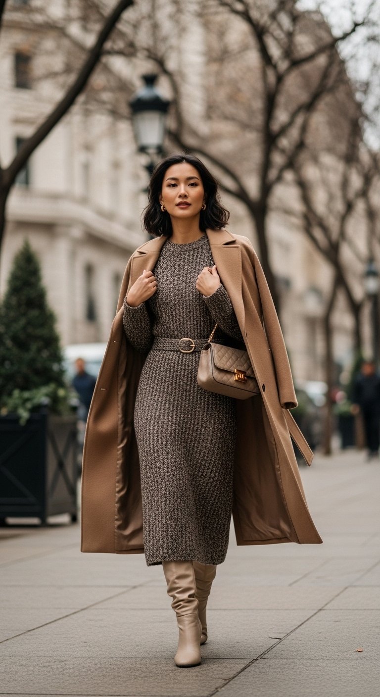 Mulher elegante usando vestido midi de tricô em tom neutro, com casaco longo e botas de salto durante o inverno.