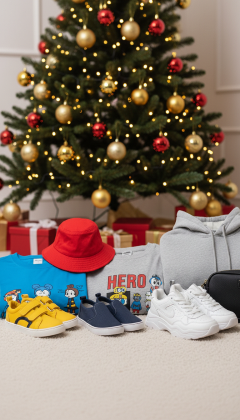 Decoração de Natal, exibindo presentes de natal infantis como acessórios, roupas estampadas e sapatos.