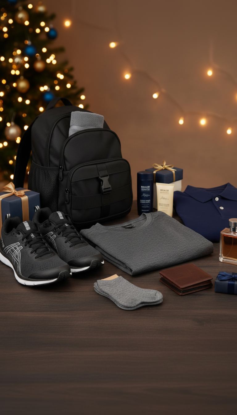 Decoração de Natal, exibindo presentes de natal masculinos como mochilas, roupas, sapatos e cosméticos.
