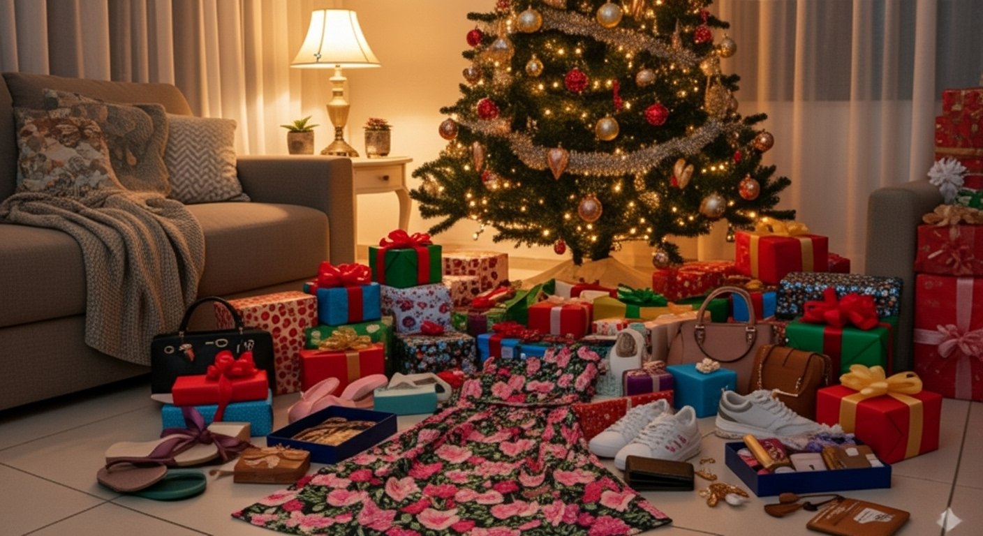 Decoração de Natal, presentes variados e ambiente aconchegante na sala, ideal para troca de presentes de natal em família.