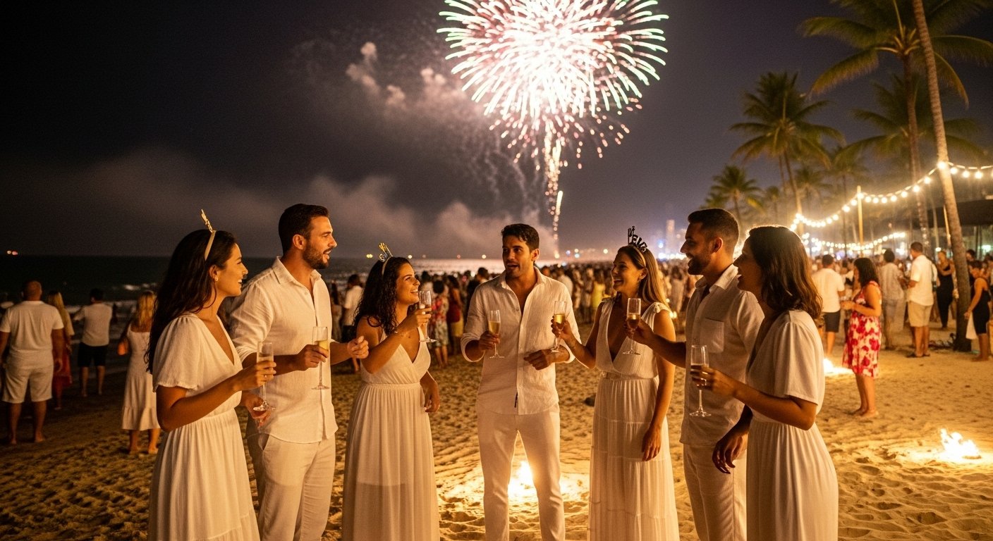 Grupo de amigos no réveillon usando looks brancos, com fogos de artifício no céu ao fundo, celebrando a chegada do Ano Novo.