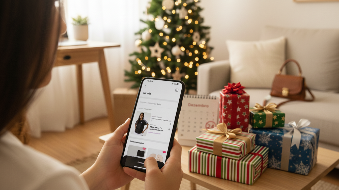Pessoa comprando presente de Natal online na dafiti, com uma árvore de Natal decorada ao fundo e caixas de presentes com fitas em uma sala aconchegante.