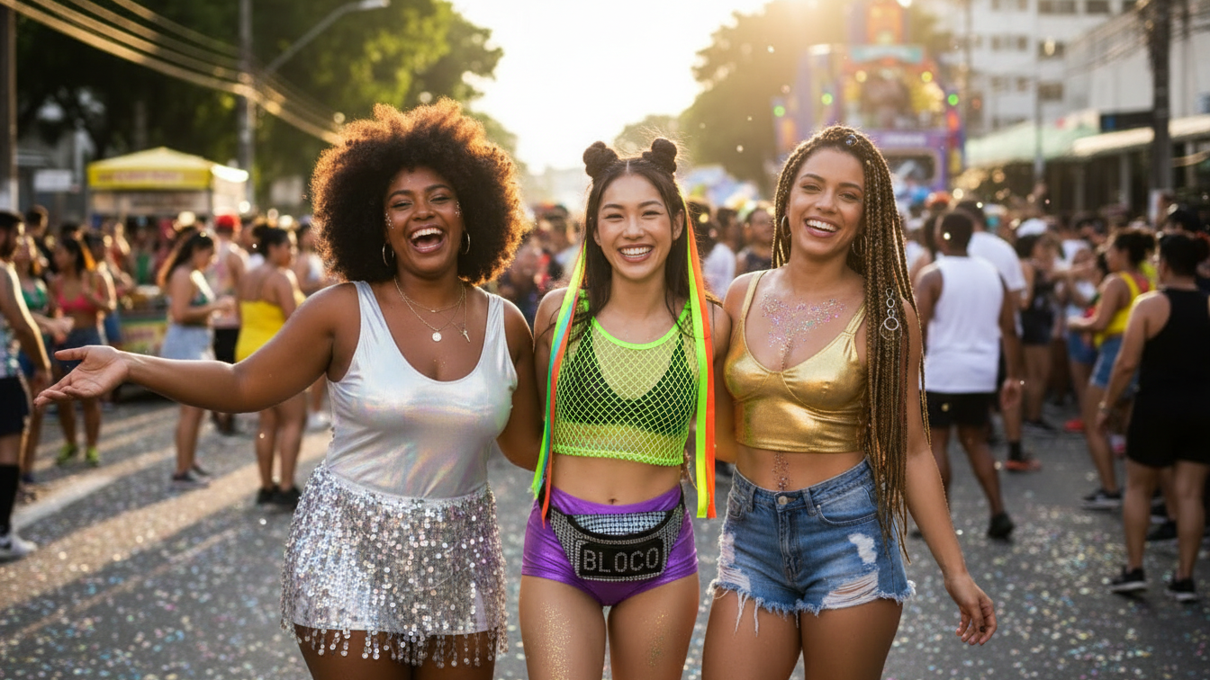 Três mulheres em traje de carnaval durante desfile de rua, com roupas coloridas e alegria no rosto, ideal para look de carnaval.