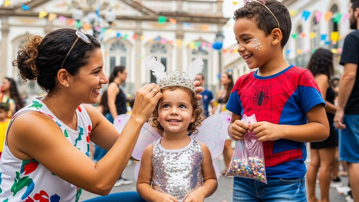 Família em Carnaval infantil ao ar livre, com crianças se divertindo, uma delas com fantasia de fada e outra com camiseta do homem-aranha.