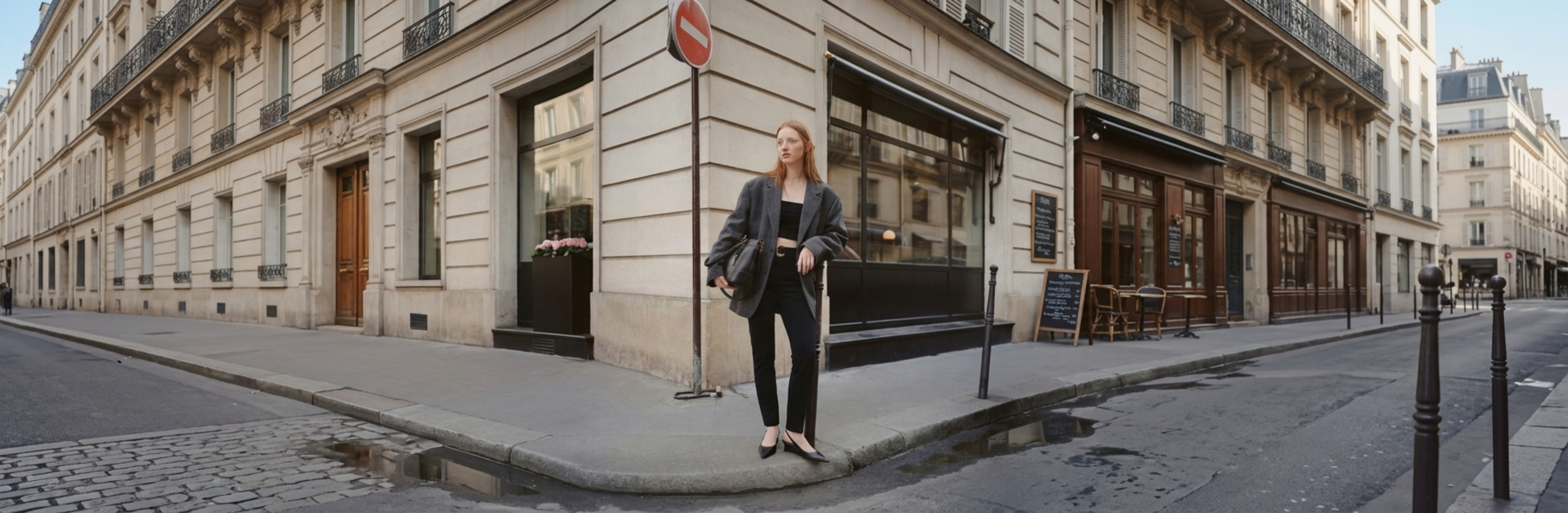Mulher com blazer oversized cinza e calça jeans escura.