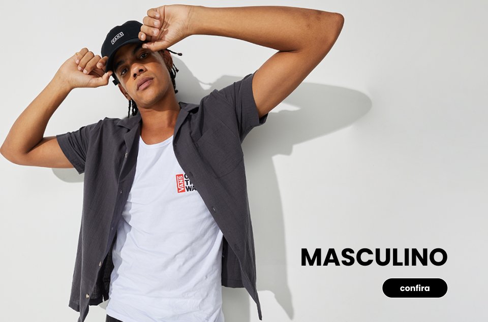Moda masculina Vans com roupas e acessórios modernos e descolados. Estilo streetwear autêntico, perfeito para o dia a dia e ocasiões casuais.