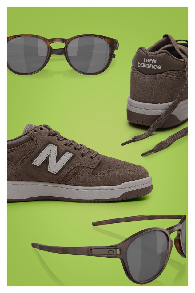Imagem de um tênis New Balance e óculos Oakley sobre fundo verde, destacando a combinação de estilo e conforto.