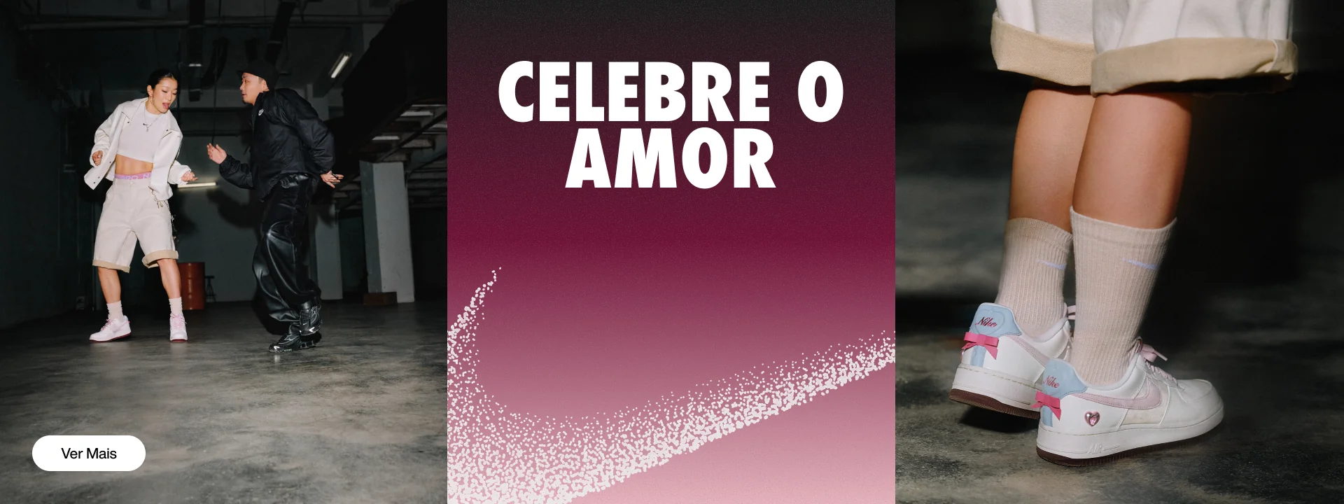 Campanha Celebre o Amor Dafiti: casal jovem com roupas Nike streetwear — tênis Nike rosa feminino e jaqueta oversized — ao lado de destaque do tênis Nike Air Force 1 branco com detalhes em azul e rosa com símbolo de coração, edição especial Dia dos Namorados. Compre na Dafiti.