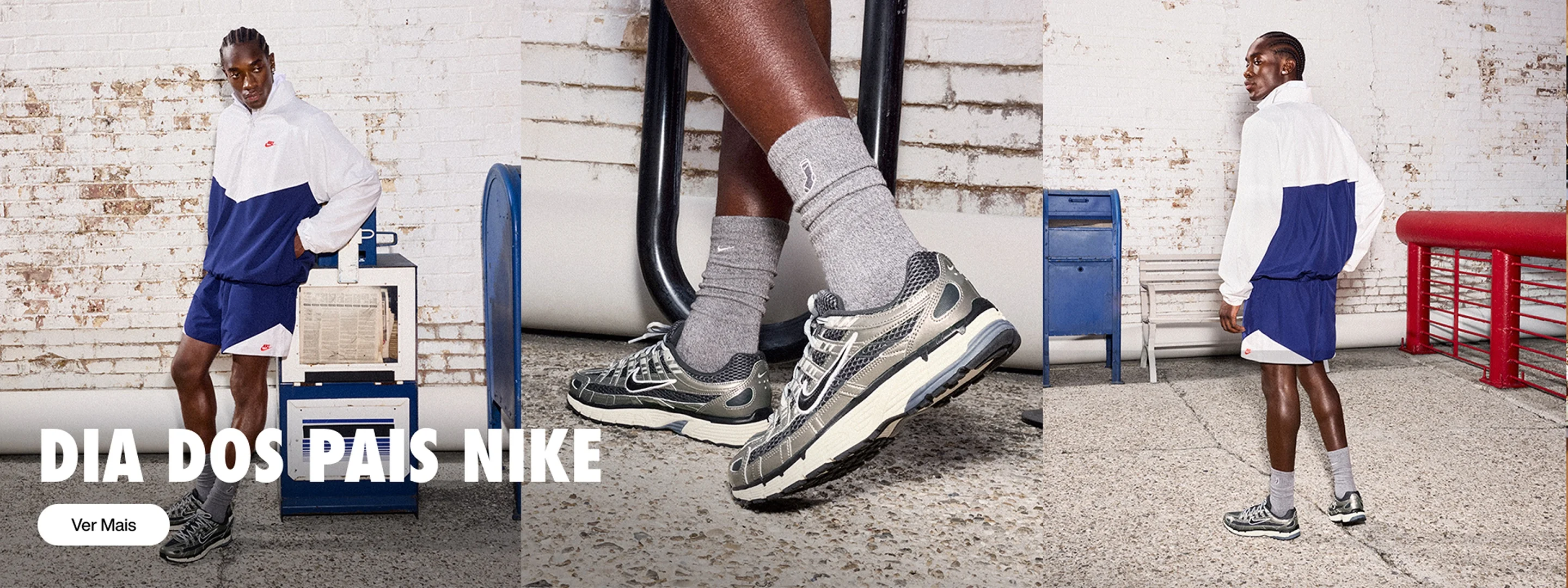 Campanha Dia dos Pais Nike com modelo usando conjunto esportivo branco e azul-marinho, meias cinzas e tênis Nike em tons de preto e cinza. A composição mostra o modelo em diferentes poses em um ambiente urbano com parede de tijolos brancos, mobiliário azul e corrimão vermelho. Texto: “Dia dos Pais Nike”.