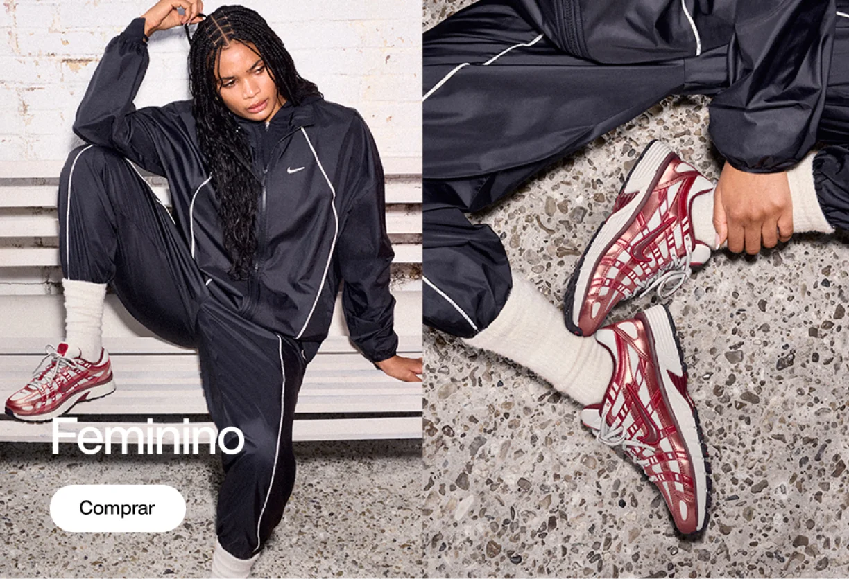 Modelo usando conjunto esportivo Nike preto com detalhes brancos e tênis vermelho e branco, sentada diante de uma parede de tijolos claros. Ao lado, detalhe aproximado do mesmo tênis. Texto: “Feminino” e botão “Comprar”.