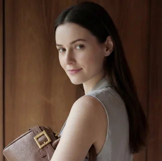 Mulher segurando bolsa marrom e usando blusa branca
