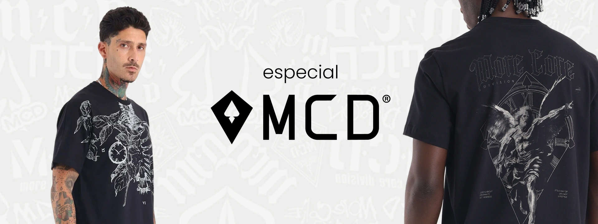 Banner largo apresentando a coleção especial da marca MCD. Mostra dois modelos masculinos vestindo camisetas pretas: o da esquerda exibe uma estampa frontal branca de esqueleto com rosas, e o da direita exibe uma estampa nas costas de uma figura alada com o texto 