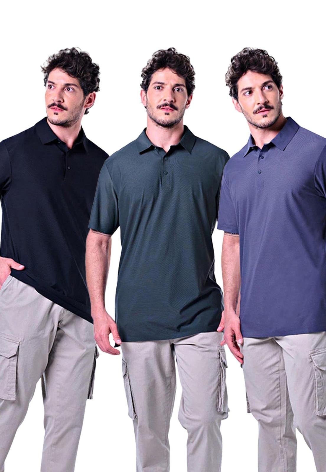 Kit 3 Polos Masculinas Com Botão Cinza