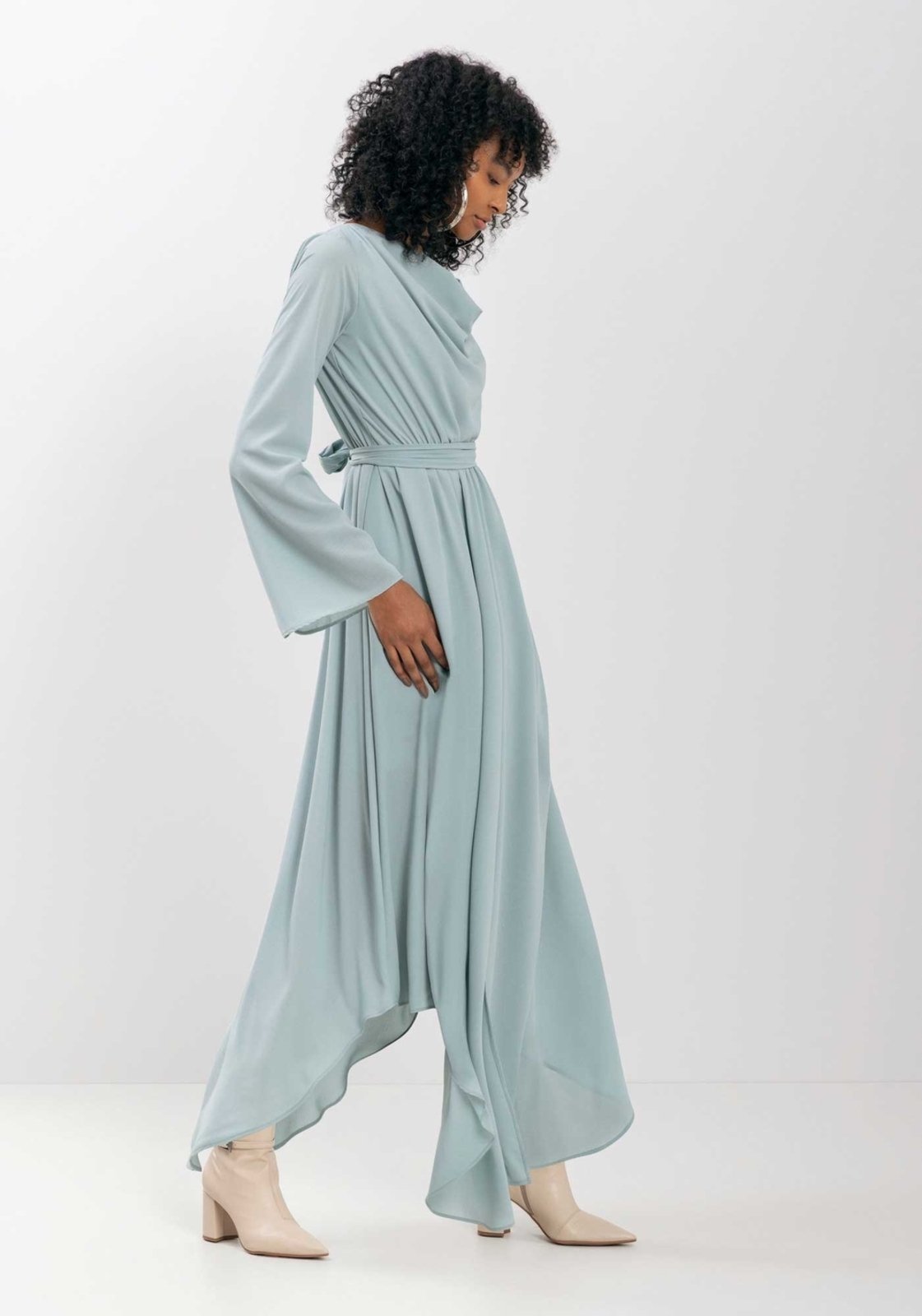Vista 3 Vestido Longo De Mangas Com Gola Degagê Em Chiffon Lez a Lez cinza