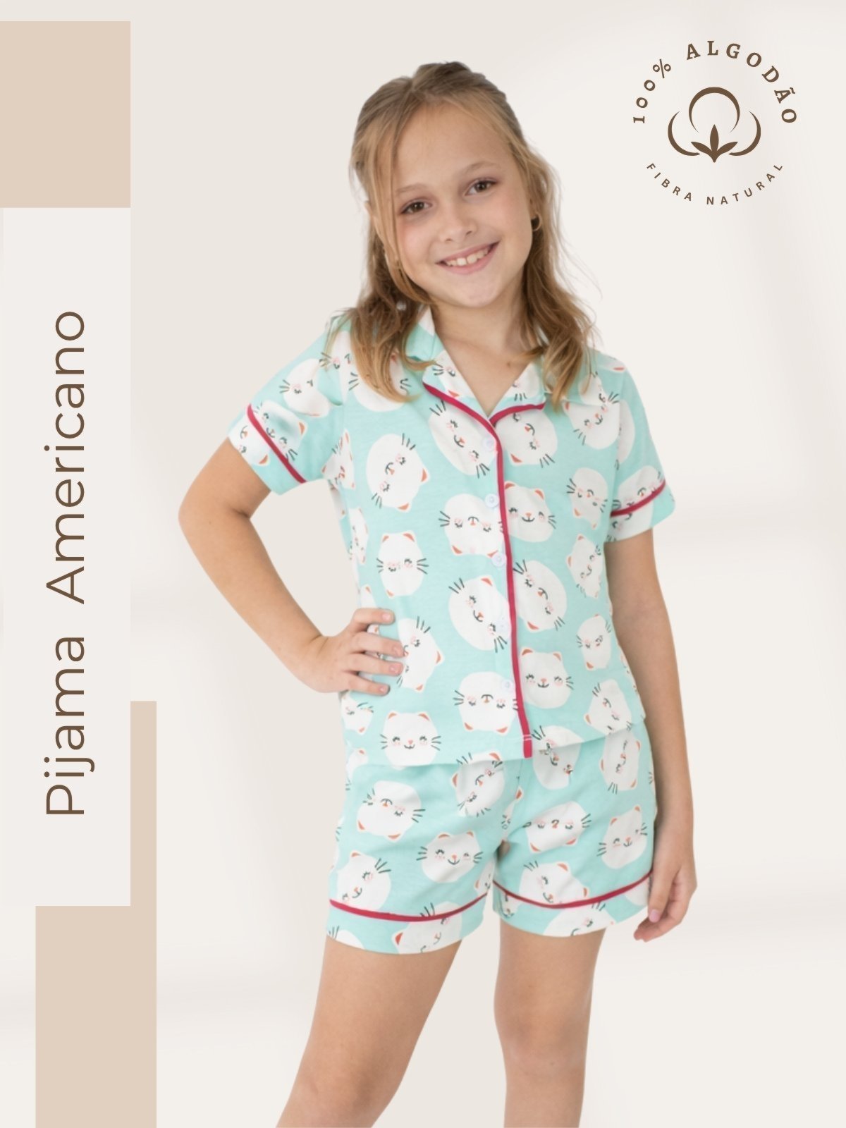 Pijama Algodão Americano Menina Curto Helena - Gatinhos Verde