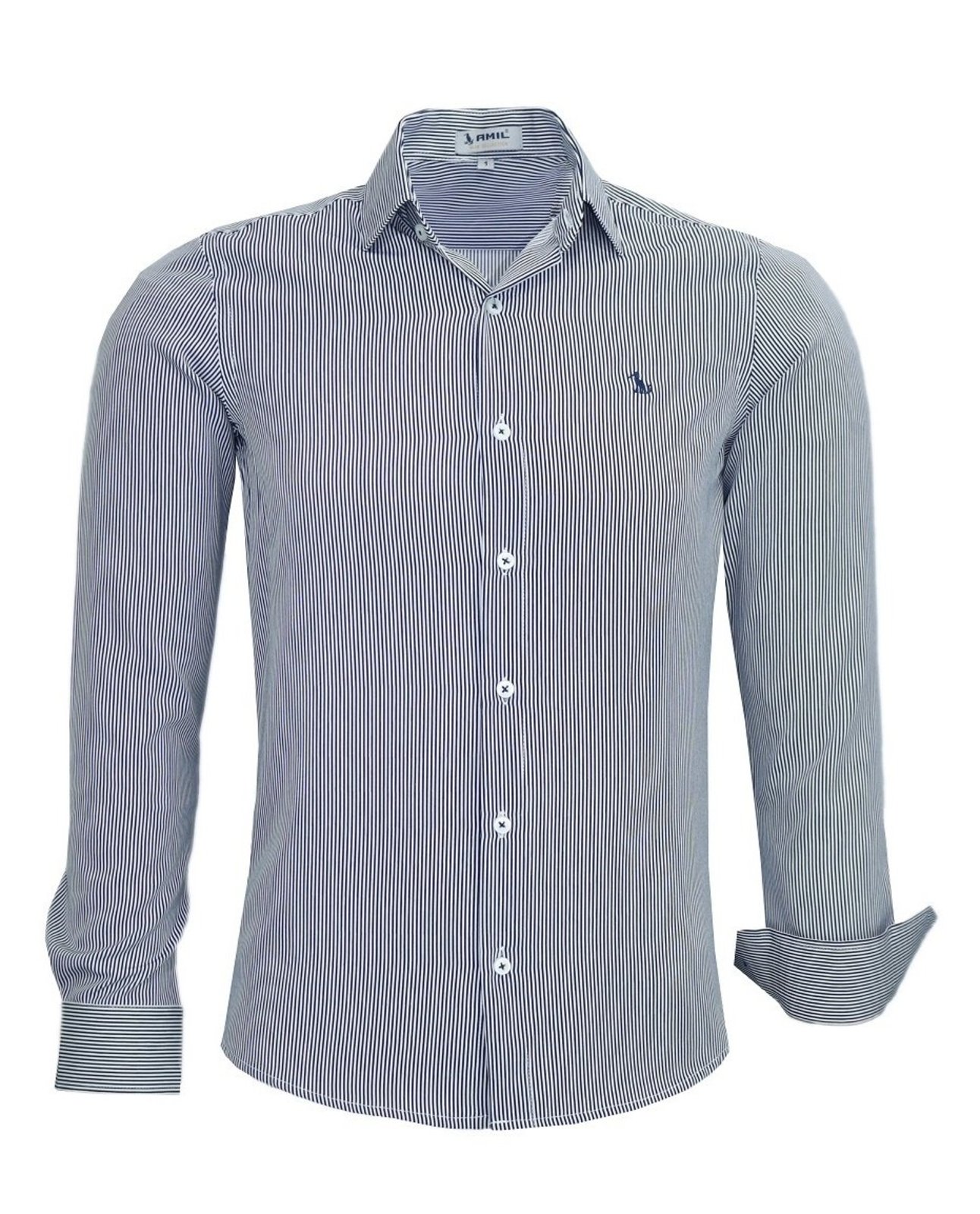 Camisa Social Amil Slim Lisrada Loan Poliéster com Elastano Macia Fácil de Passar M/Longa Luxo Marinho