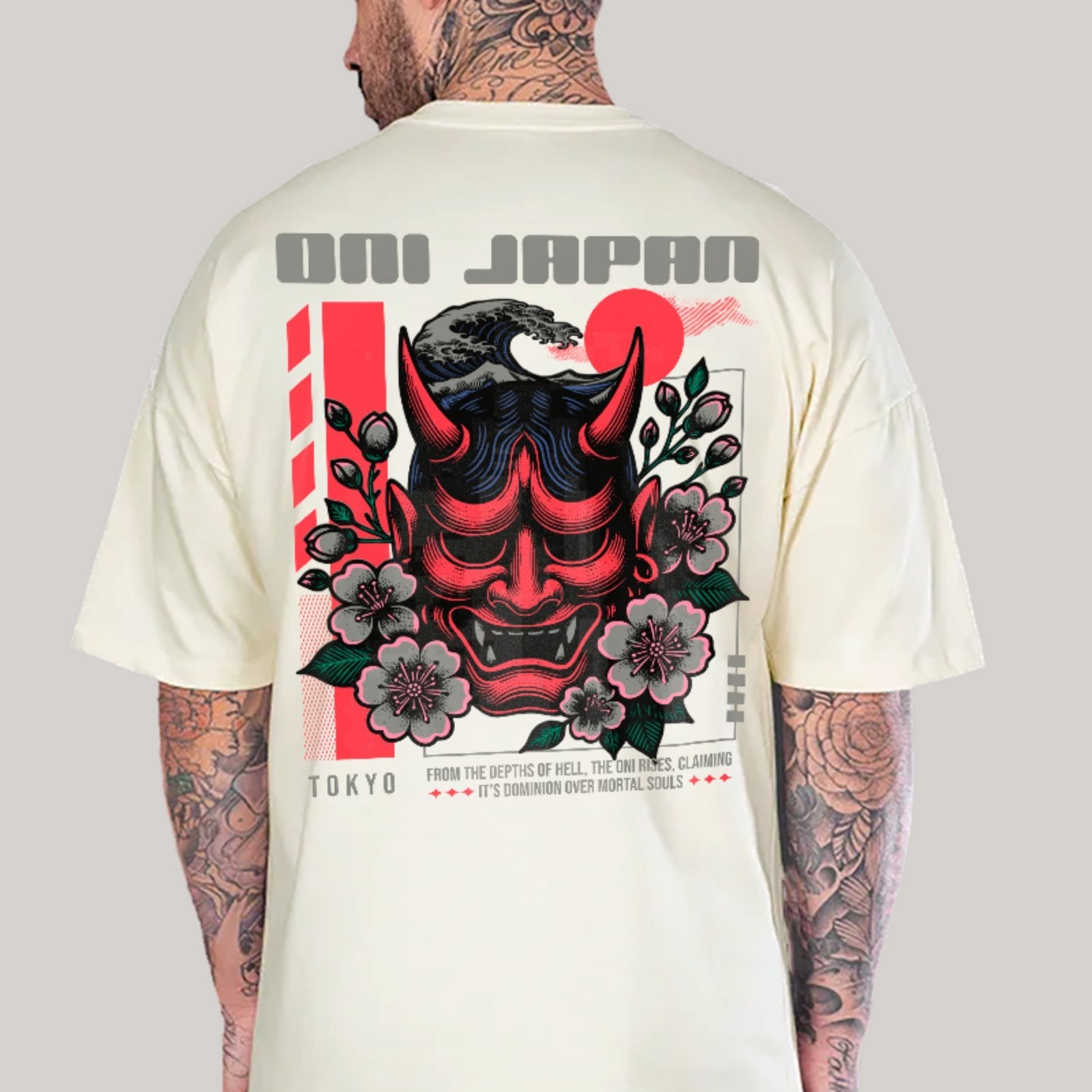 Camiseta Oversized Máscara Oni Estilo Japão Arte Oriental Unissex Off White