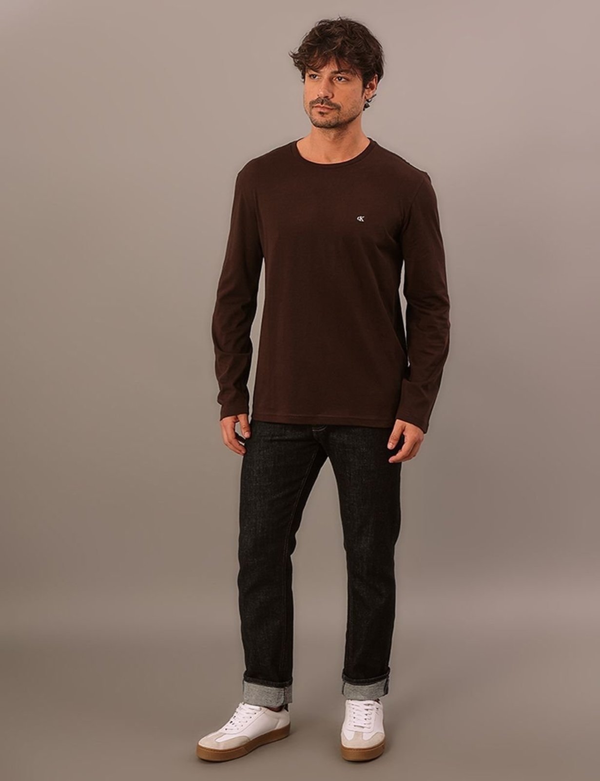 Camiseta Manga Longa Calvin Klein Jeans Masculino Calvin Klein Bordado - Cafe Calvin Klein Jeans