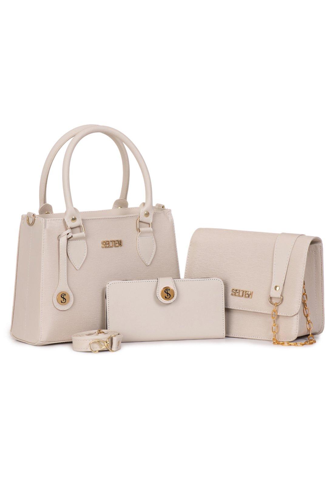 Kit Bolsa Feminina De Mão + Bolsa Pequena Alça Correta e Carteira Bege Selten
